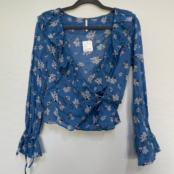 Free People Amanda wrap top ruffle detail blouse in blue size small - Picture 4 of 12